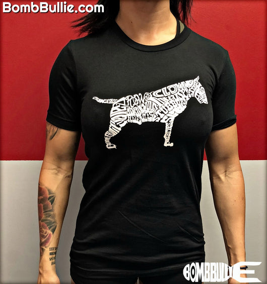 Bull Terrier Body of Words T-Shirt - White Logo on Black Shirt